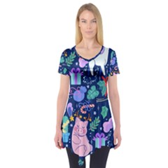 Colorful-funny-christmas-pattern Pig Animal Short Sleeve Tunic  by Amaryn4rt
