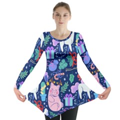 Colorful-funny-christmas-pattern Pig Animal Long Sleeve Tunic  by Amaryn4rt