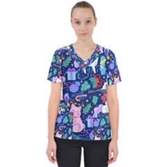 Colorful-funny-christmas-pattern Pig Animal Women s V-neck Scrub Top by Amaryn4rt
