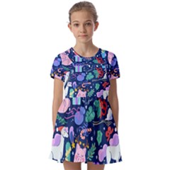 Colorful-funny-christmas-pattern Pig Animal Kids  Short Sleeve Pinafore Style Dress by Amaryn4rt