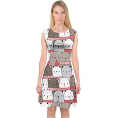 Cute Adorable Bear Merry Christmas Happy New Year Cartoon Doodle Seamless Pattern Capsleeve Midi Dress by Amaryn4rt