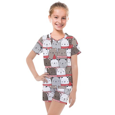 Cute Adorable Bear Merry Christmas Happy New Year Cartoon Doodle Seamless Pattern Kids  Mesh T-shirt And Shorts Set by Amaryn4rt