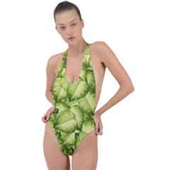 Seamless-pattern-with-green-leaves Backless Halter One Piece Swimsuit by Amaryn4rt