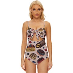 Seamless-pattern-with-sweet-cakes-berries Knot Front One-piece Swimsuit