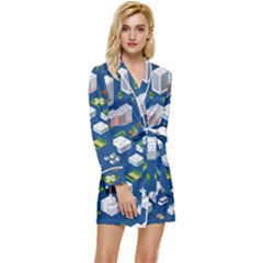 Isometric-seamless-pattern-megapolis Long Sleeve Satin Robe by Amaryn4rt