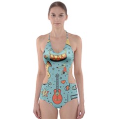 Seamless-pattern-musical-instruments-notes-headphones-player Cut-out One Piece Swimsuit by Amaryn4rt