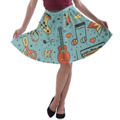 Seamless-pattern-musical-instruments-notes-headphones-player A-line Skater Skirt by Amaryn4rt