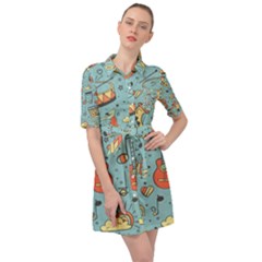 Seamless-pattern-musical-instruments-notes-headphones-player Belted Shirt Dress by Amaryn4rt