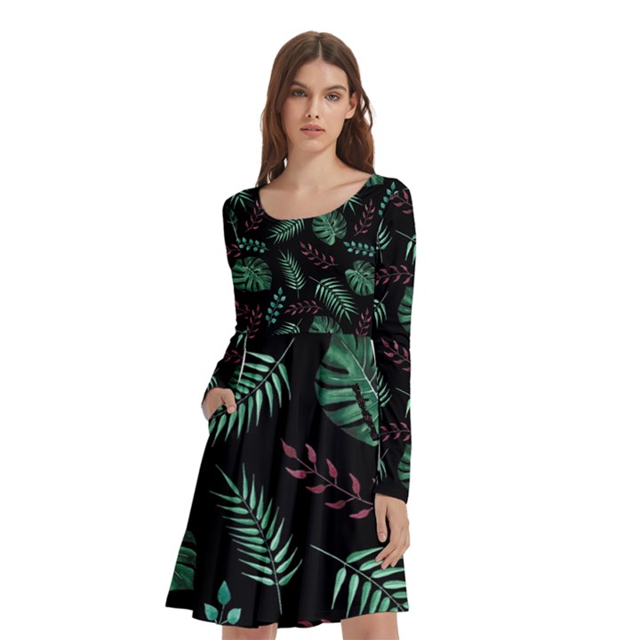 Abstract-seamless-pattern-with-tropical-leaves Long Sleeve Knee Length Skater Dress With Pockets