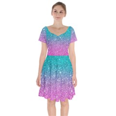 Pink And Turquoise Glitter Short Sleeve Bardot Dress