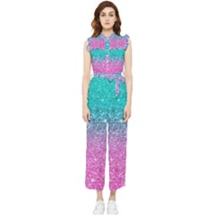Pink And Turquoise Glitter Women s Frill Top Chiffon Jumpsuit by Sarkoni