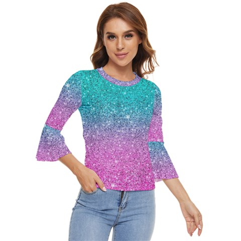 Pink And Turquoise Glitter Bell Sleeve Top by Sarkoni