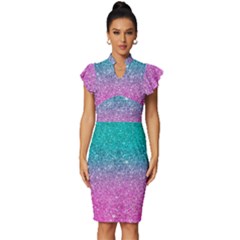 Pink And Turquoise Glitter Vintage Frill Sleeve V-neck Bodycon Dress