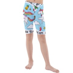 Merry Christmas Xmas Doodle Sketch Cartoon Unicorn Kids  Mid Length Swim Shorts by Pakjumat