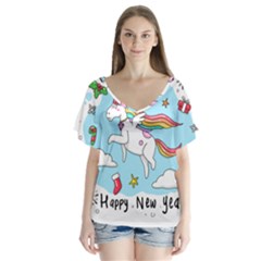 Merry Christmas Xmas Doodle Sketch Cartoon Unicorn V-neck Flutter Sleeve Top by Pakjumat