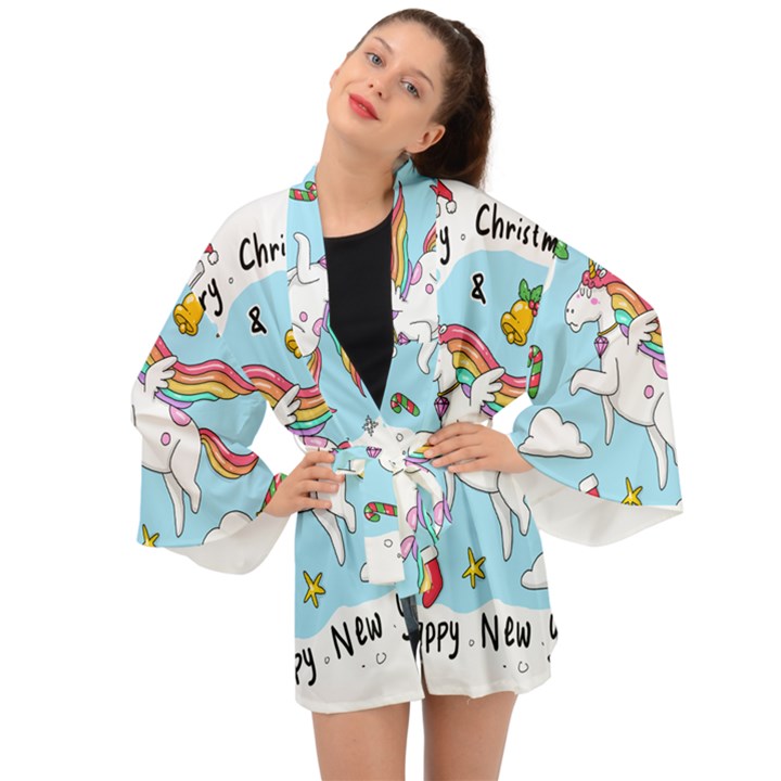 Merry Christmas Xmas Doodle Sketch Cartoon Unicorn Long Sleeve Kimono