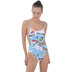 Merry Christmas Xmas Doodle Sketch Cartoon Unicorn Tie Strap One Piece Swimsuit by Pakjumat