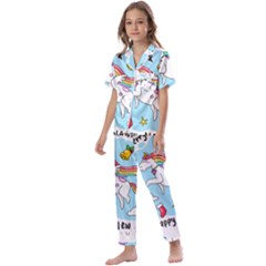 Merry Christmas Xmas Doodle Sketch Cartoon Unicorn Kids  Satin Short Sleeve Pajamas Set by Pakjumat