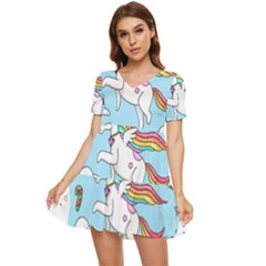 Merry Christmas Xmas Doodle Sketch Cartoon Unicorn Tiered Short Sleeve Babydoll Dress by Pakjumat