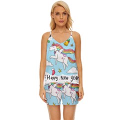 Merry Christmas Xmas Doodle Sketch Cartoon Unicorn V-neck Satin Pajamas Set by Pakjumat