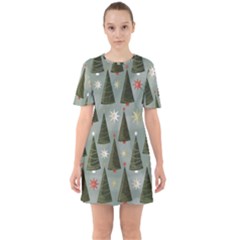 Christmas Trees Pattern Wallpaper Sixties Short Sleeve Mini Dress by Pakjumat