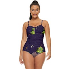 House Tree Man Moon Night Stars Retro Full Coverage Swimsuit by Pakjumat