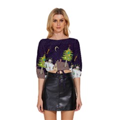 House Tree Man Moon Night Stars Mid Sleeve Drawstring Hem Top by Pakjumat