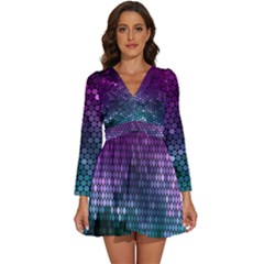 Digital Abstract Party Event Long Sleeve V-neck Chiffon Dress 