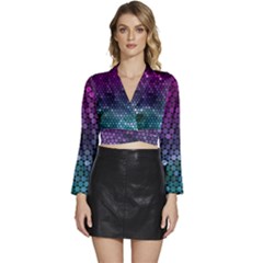 Digital Abstract Party Event Long Sleeve Tie Back Satin Wrap Top