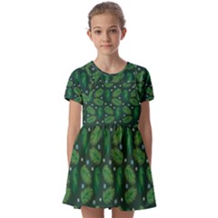 Leaves Snowflake Pattern Holiday Kids  Short Sleeve Pinafore Style Dress by Pakjumat