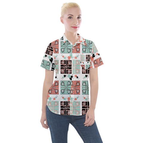 Mint Black Coral Heart Paisley Women s Short Sleeve Pocket Shirt by Pakjumat