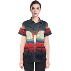 Winter Painting Moon Night Sky Women s Short Sleeve Shirt