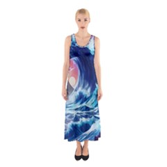 Storm Tsunami Waves Ocean Sea Nautical Nature Sleeveless Maxi Dress by Pakjumat