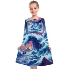 Storm Tsunami Waves Ocean Sea Nautical Nature Kids  Midi Sailor Dress by Pakjumat