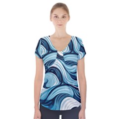 Pattern Ocean Waves Arctic Ocean Blue Nature Sea Short Sleeve Front Detail Top by Pakjumat