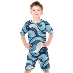 Pattern Ocean Waves Arctic Ocean Blue Nature Sea Kids  T-shirt And Shorts Set by Pakjumat