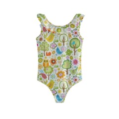 Nature Doodle Art Trees Birds Owl Children Pattern Multi Colored Kids  Frill Swimsuit