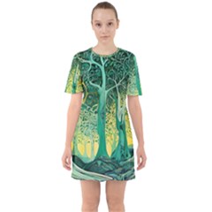 Nature Trees Forest Mystical Forest Jungle Sixties Short Sleeve Mini Dress by Pakjumat