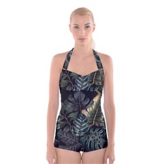 Tropical Leaves Foliage Monstera Nature Home Boyleg Halter Swimsuit  by Pakjumat