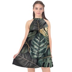 Tropical Leaves Foliage Monstera Nature Home Halter Neckline Chiffon Dress 