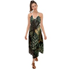 Tropical Leaves Foliage Monstera Nature Home Halter Tie Back Dress 