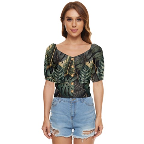 Tropical Leaves Foliage Monstera Nature Home Button Up Blouse by Pakjumat