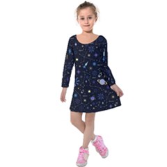 Starry Night  Space Constellations  Stars  Galaxy  Universe Graphic  Illustration Kids  Long Sleeve Velvet Dress by Pakjumat