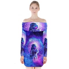 The Cosmonaut Galaxy Art Space Astronaut Long Sleeve Off Shoulder Dress by Pakjumat