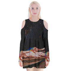 Retro Vintage Space Galaxy Velvet Long Sleeve Shoulder Cutout Dress by Pakjumat