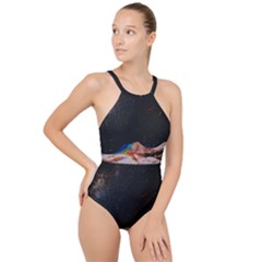 Retro Vintage Space Galaxy High Neck One Piece Swimsuit by Pakjumat