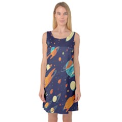 Space Galaxy Planet Universe Stars Night Fantasy Sleeveless Satin Nightdress by Pakjumat