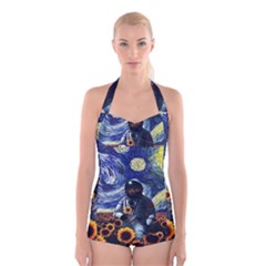 Starry Surreal Psychedelic Astronaut Space Boyleg Halter Swimsuit  by Pakjumat