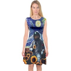 Starry Surreal Psychedelic Astronaut Space Capsleeve Midi Dress by Pakjumat