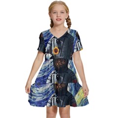 Starry Surreal Psychedelic Astronaut Space Kids  Short Sleeve Tiered Mini Dress by Pakjumat